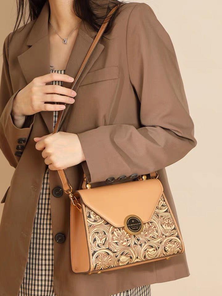 Shoulder Bag- Tan with Brown Trim
