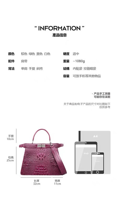 Handbag - Large - Black Crocodile Skin Motif