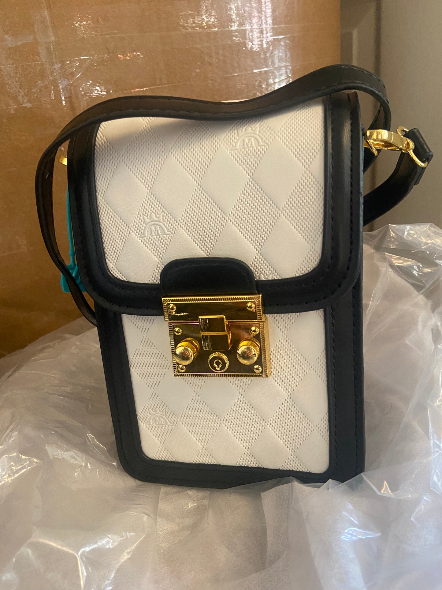 Phone Clutch - White with Black Leather Trim