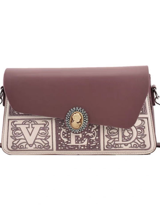 Clutch - Embroidered Pattern - Brown Leather
